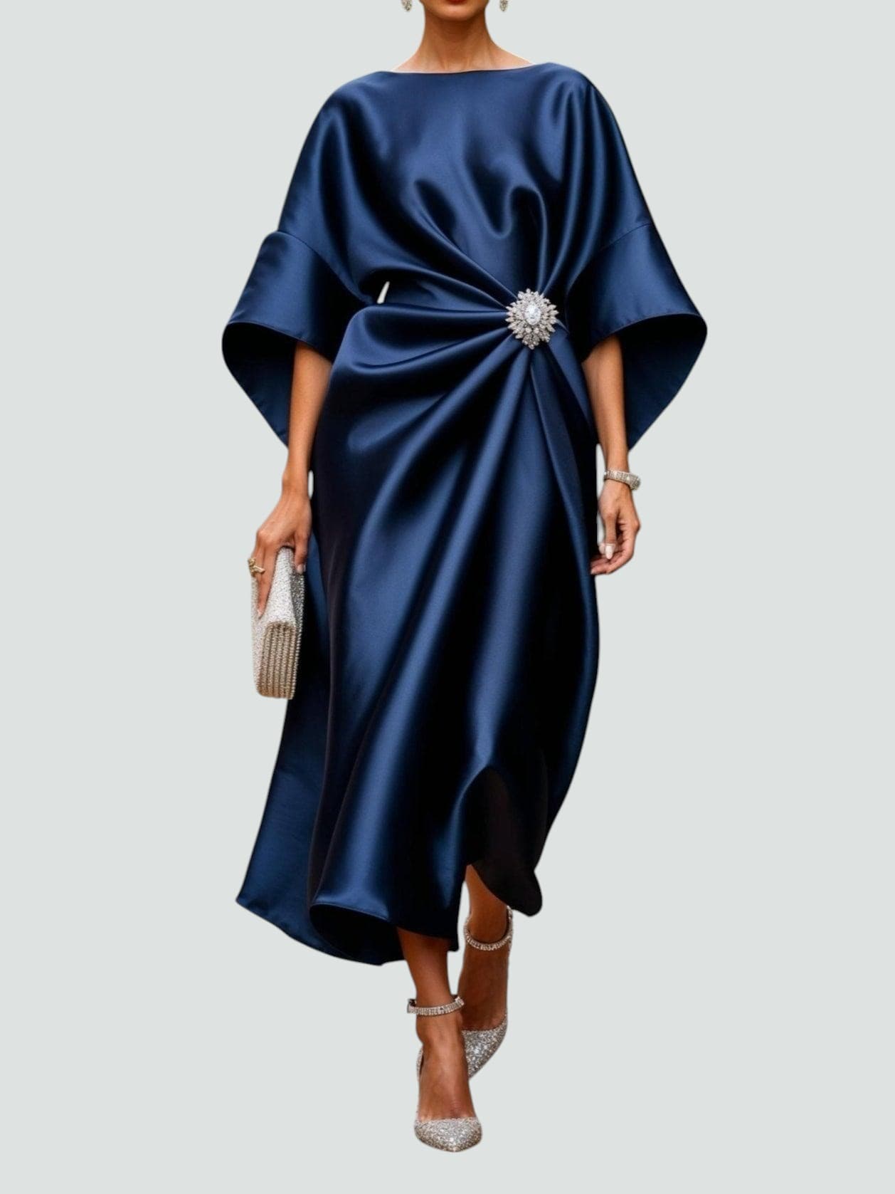 Navy Blue Women's Satin Kaftan Batwing Maxi Dress product view 1 - Delvore