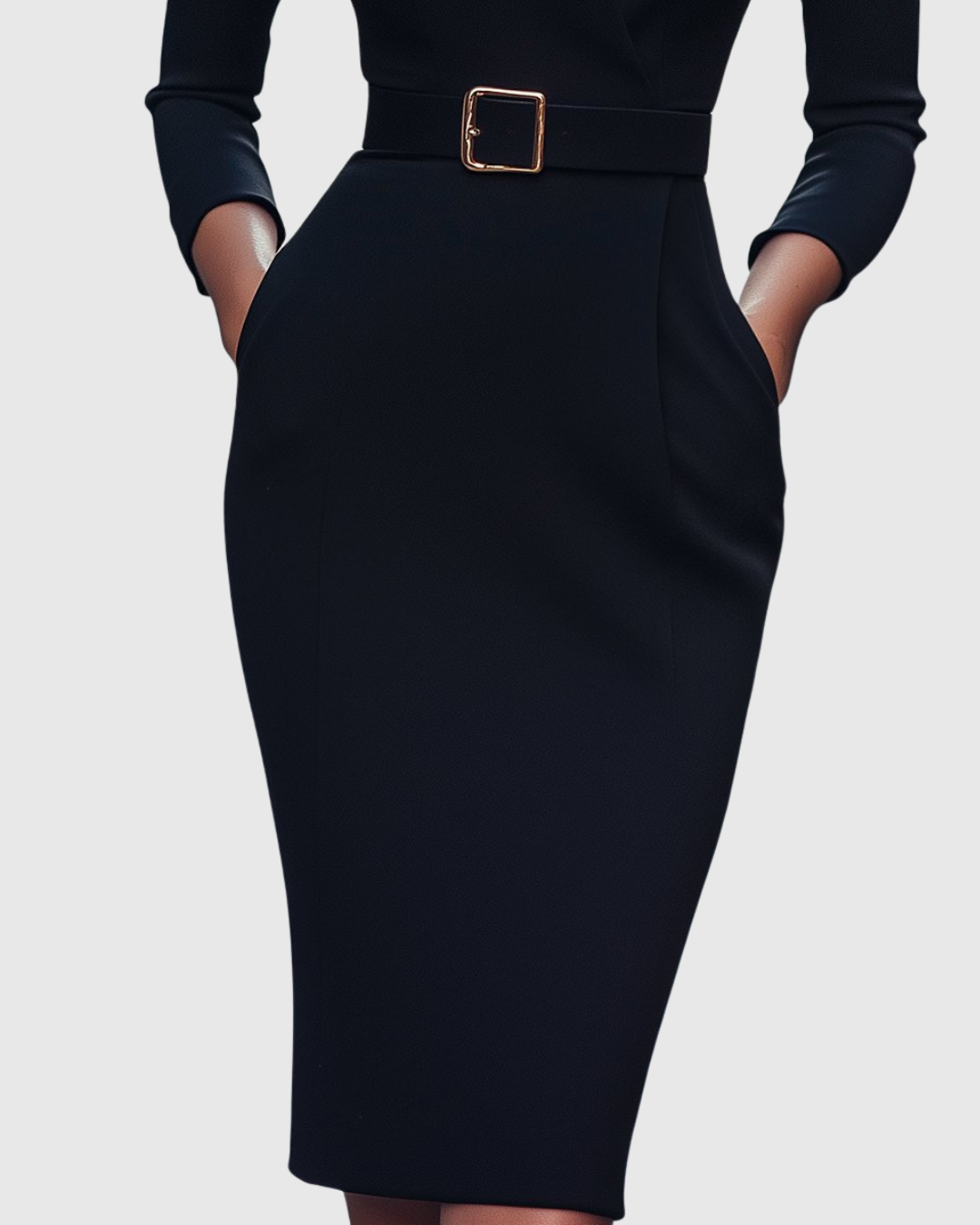 Women's Belted Pencil Midi Dress, Mock Wrap V Neck 3/4 Sleeve Fitted Work Dress, Smart Office Occasion Dress for Women UK - Cararush