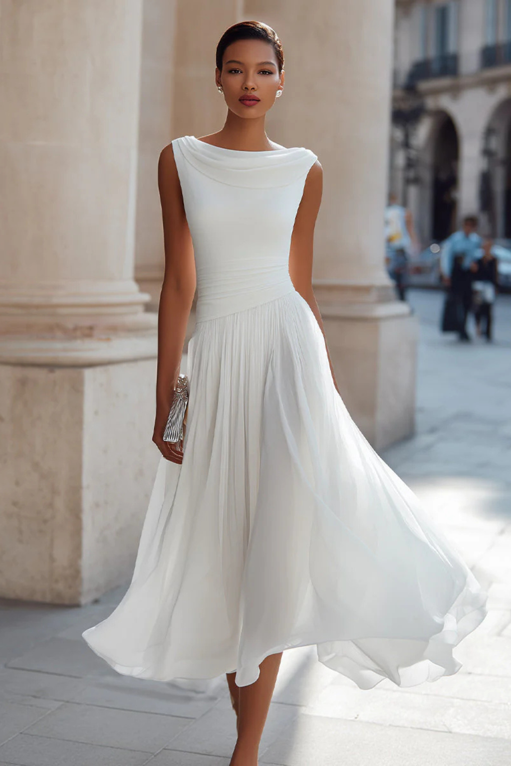 Draped Neck Pleated Midi Dress product view 5 - Delvore