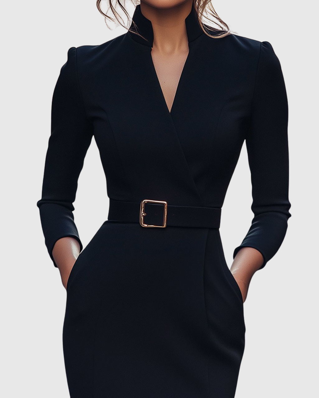 Women's Belted Pencil Midi Dress, Mock Wrap V Neck 3/4 Sleeve Fitted Work Dress, Smart Office Occasion Dress for Women UK - Cararush