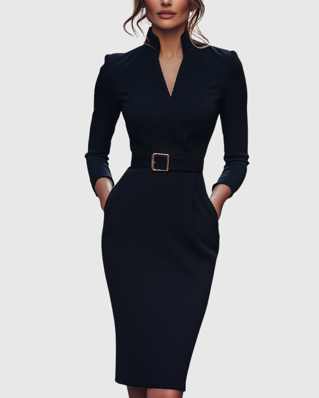 Women's Belted Pencil Midi Dress, Mock Wrap V Neck 3/4 Sleeve Fitted Work Dress, Smart Office Occasion Dress for Women UK - Cararush