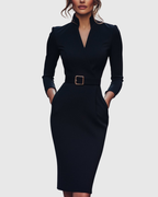 Women's Belted Pencil Midi Dress, Mock Wrap V Neck 3/4 Sleeve Fitted Work Dress, Smart Office Occasion Dress for Women UK - Cararush