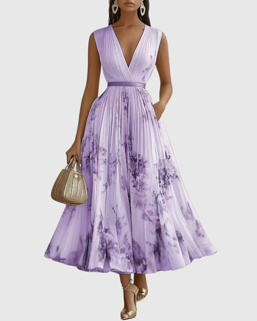 Women's Floral Pleated V-Neck Maxi Dress product view 15 - Delvore