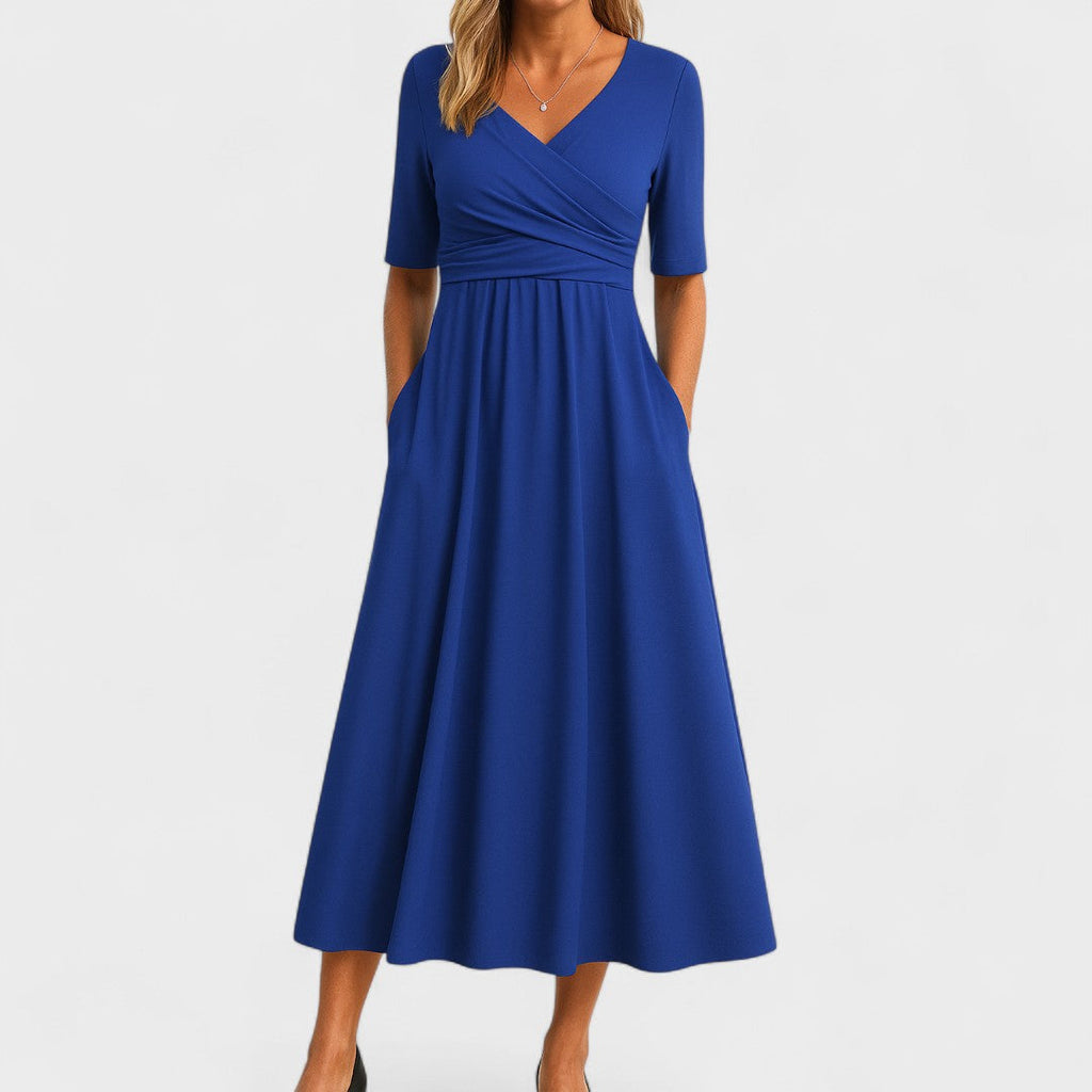 Wrap V-Neck Gathered Waist Midi Dress | Pockets product view 3 - Delvore