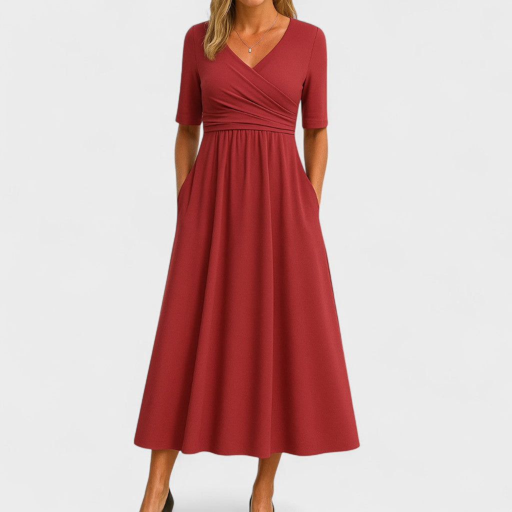Wrap V-Neck Gathered Waist Midi Dress | Pockets product view 6 - Delvore