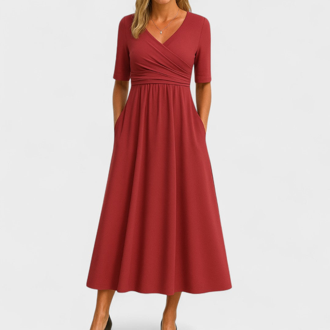 Wrap V-Neck Gathered Waist Midi Dress | Pockets product view 6 - Delvore