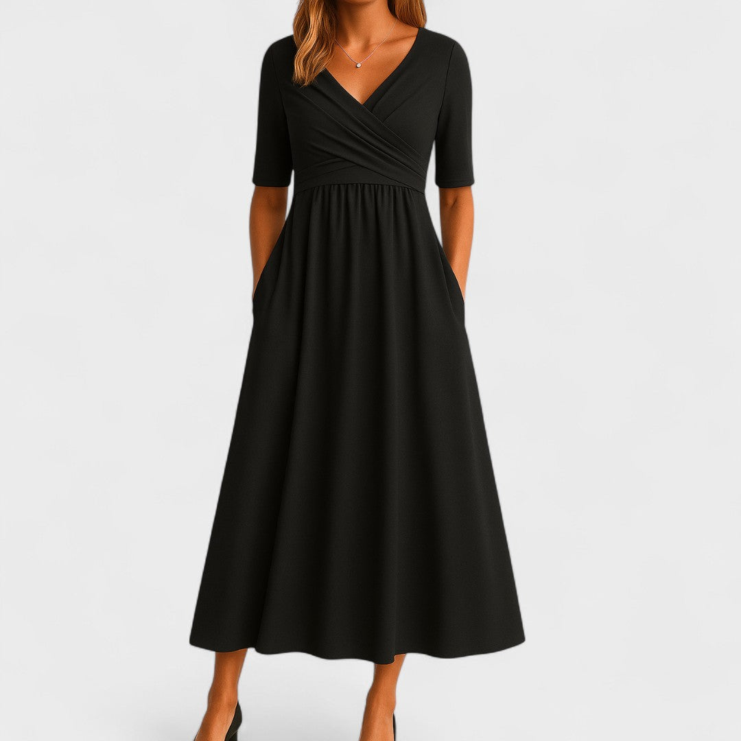 Wrap V-Neck Gathered Waist Midi Dress | Pockets product view 2 - Delvore
