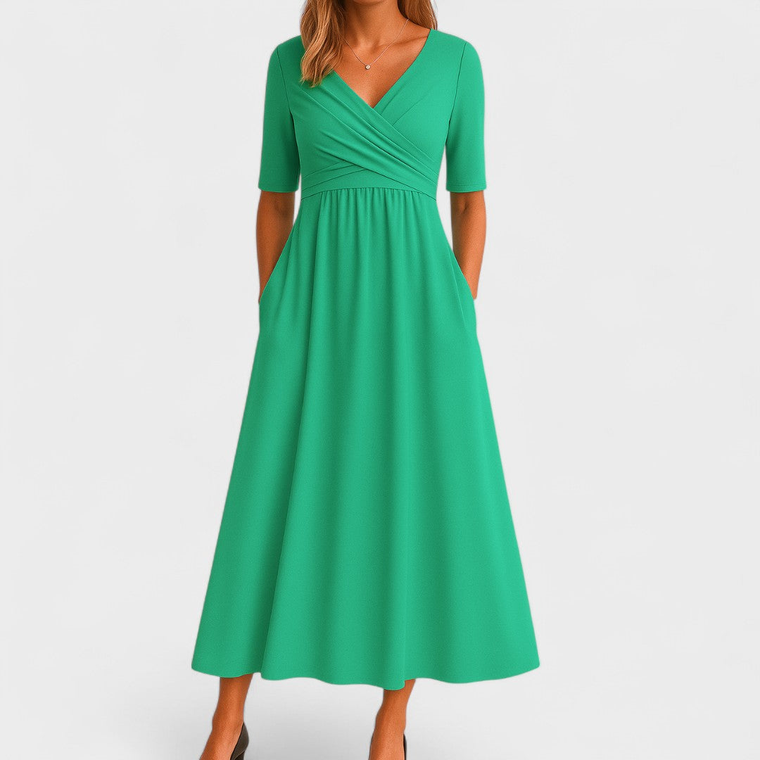 Wrap V-Neck Gathered Waist Midi Dress | Pockets product view 5 - Delvore