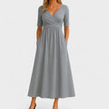 Gray Wrap V-Neck Gathered Waist Midi Dress | Pockets product view 1 - Delvore