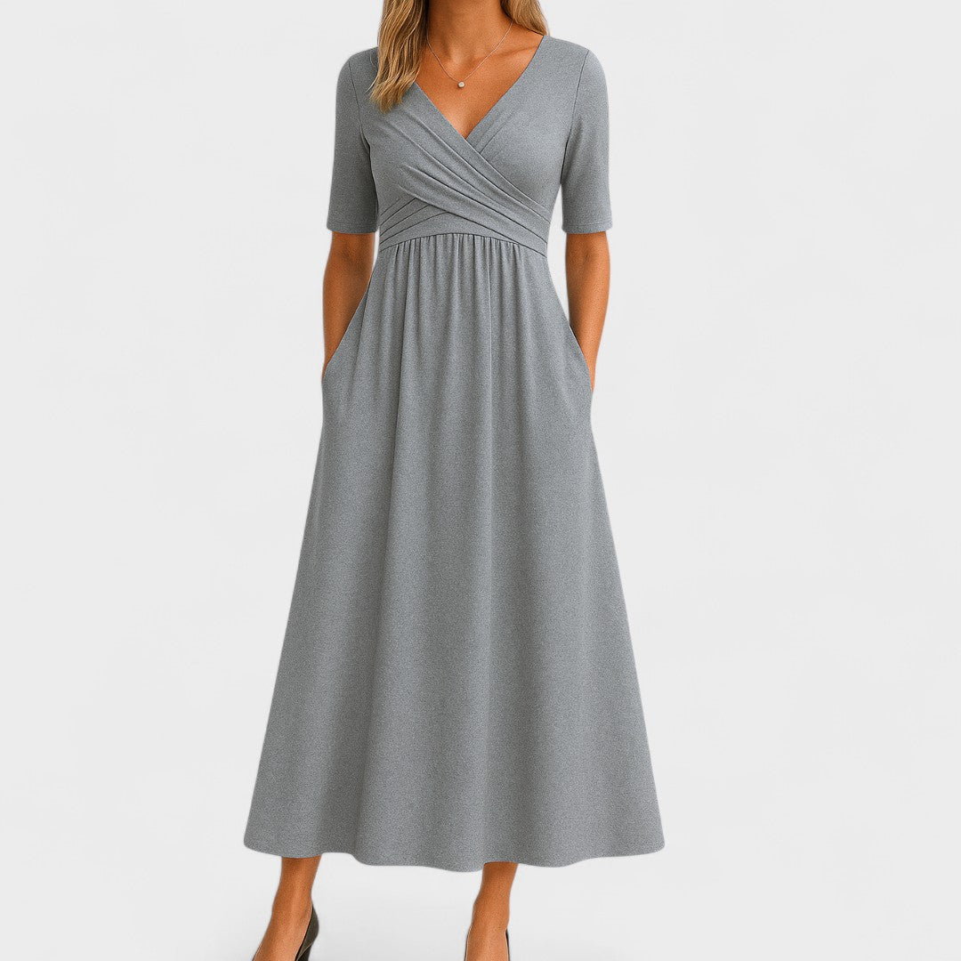 Gray Wrap V-Neck Gathered Waist Midi Dress | Pockets product view 1 - Delvore