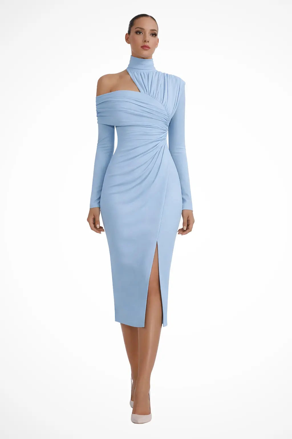 Asymmetric High Neck Long Sleeve Midi Dress - Cararush