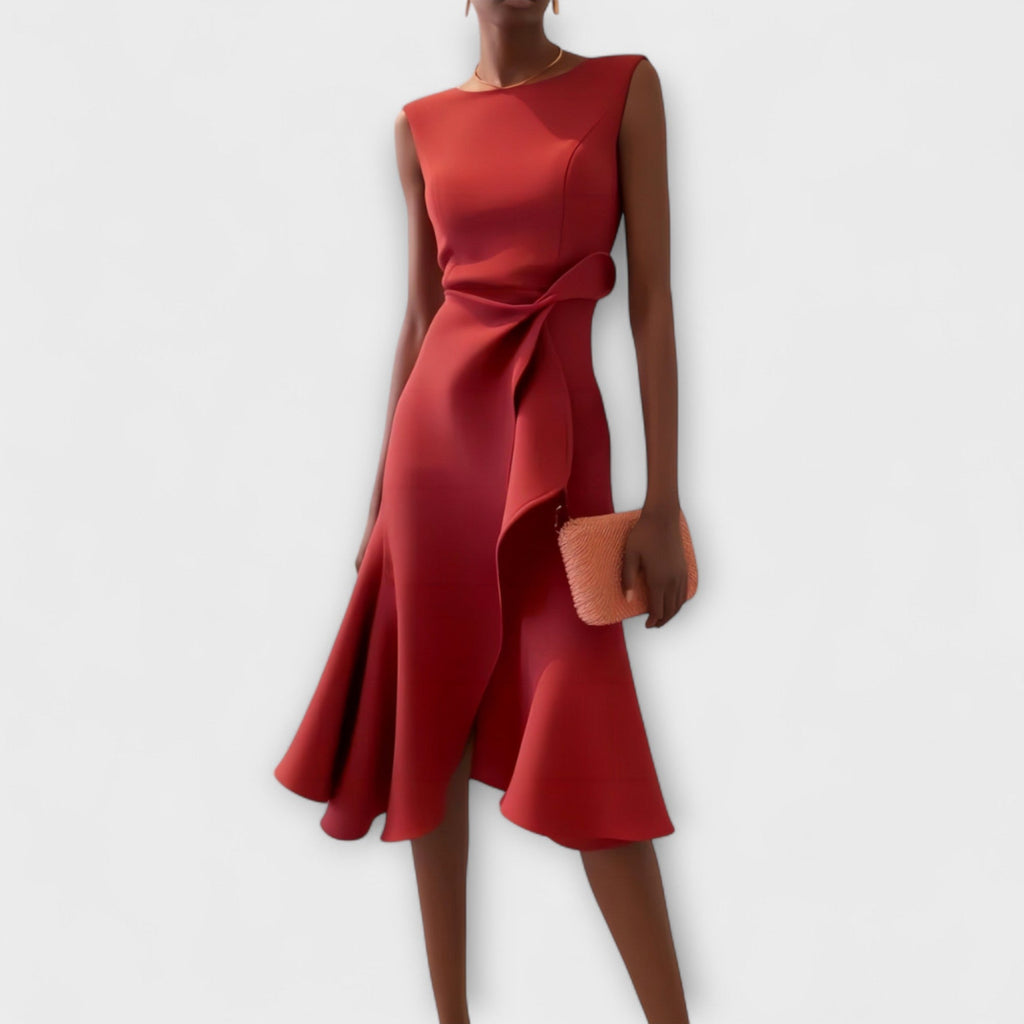 Red Women's Satin Asymmetric Drape Midi Dress, Sleeveless Occasion Dress, Wedding Guest Evening Party Dress for Women product view 1 - Delvore