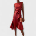 Red Women's Satin Asymmetric Drape Midi Dress, Sleeveless Occasion Dress, Wedding Guest Evening Party Dress for Women product view 1 - Delvore