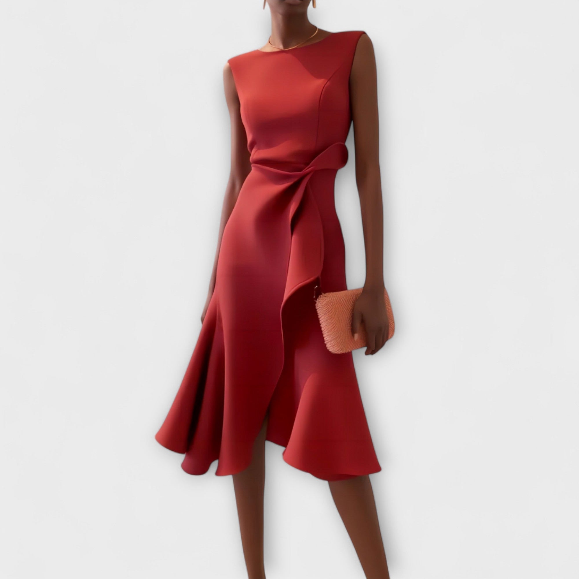 Red Women's Satin Asymmetric Drape Midi Dress, Sleeveless Occasion Dress, Wedding Guest Evening Party Dress for Women product view 1 - Delvore