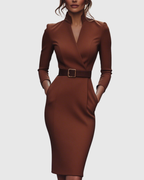 Women's Belted Pencil Midi Dress, Mock Wrap V Neck 3/4 Sleeve Fitted Work Dress, Smart Office Occasion Dress for Women UK - Cararush