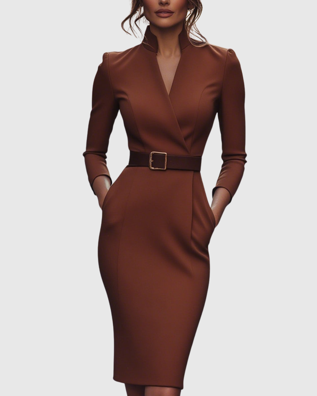 Women's Belted Pencil Midi Dress, Mock Wrap V Neck 3/4 Sleeve Fitted Work Dress, Smart Office Occasion Dress for Women UK - Cararush