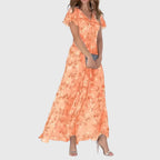 Orange Women's Floral Short Sleeve V-Neck Maxi Dress product view 1 - Delvore