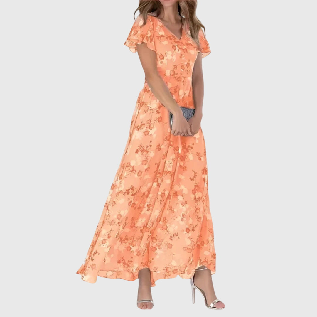 Orange Women's Floral Short Sleeve V-Neck Maxi Dress product view 1 - Delvore