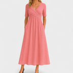 Wrap V-Neck Gathered Waist Midi Dress | Pockets product view 7 - Delvore