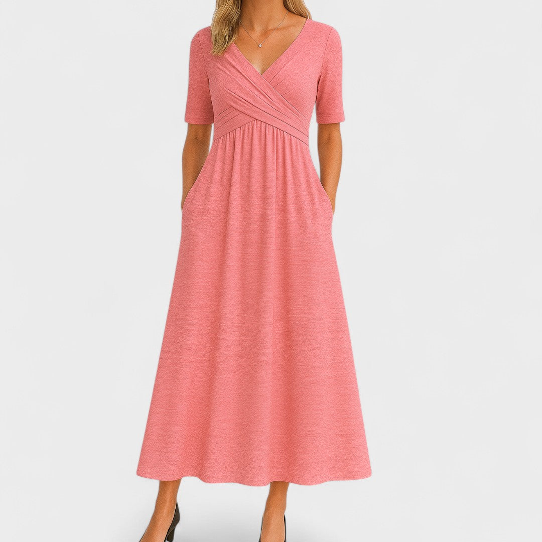 Wrap V-Neck Gathered Waist Midi Dress | Pockets product view 7 - Delvore