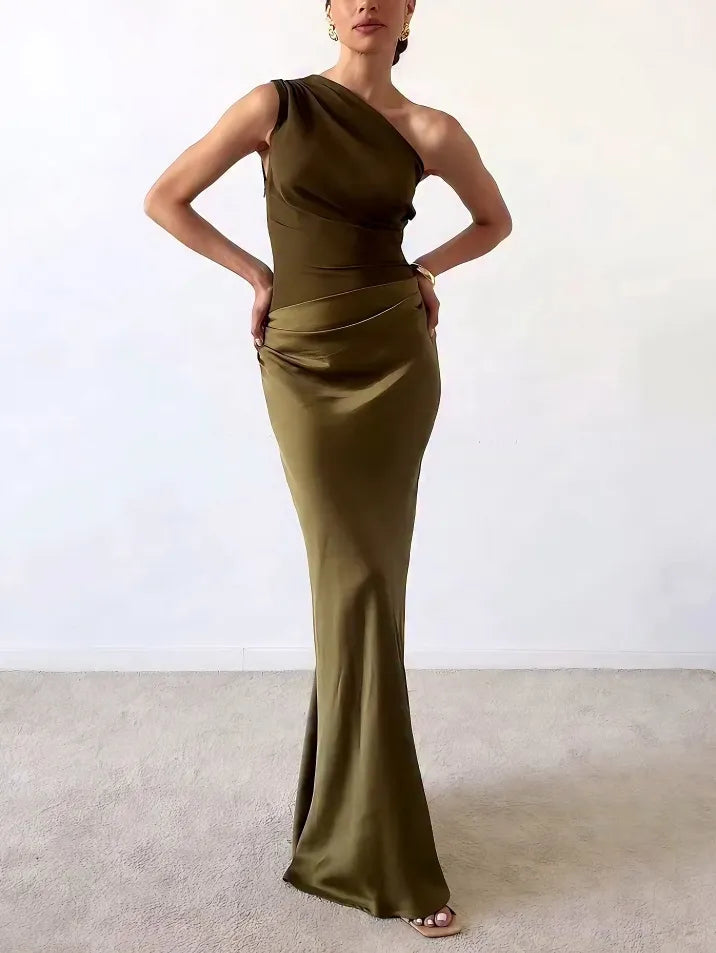 Women's One Shoulder Satin Pleated Maxi Dress product view 5 - Delvore