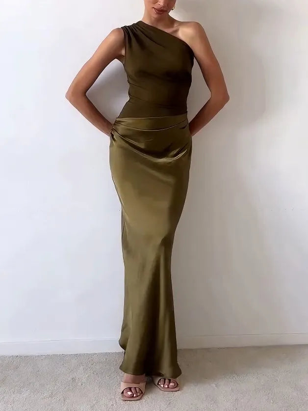 Women's One Shoulder Satin Pleated Maxi Dress product view 6 - Delvore