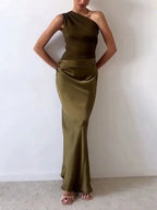 Women's One Shoulder Satin Pleated Maxi Dress product view 6 - Delvore