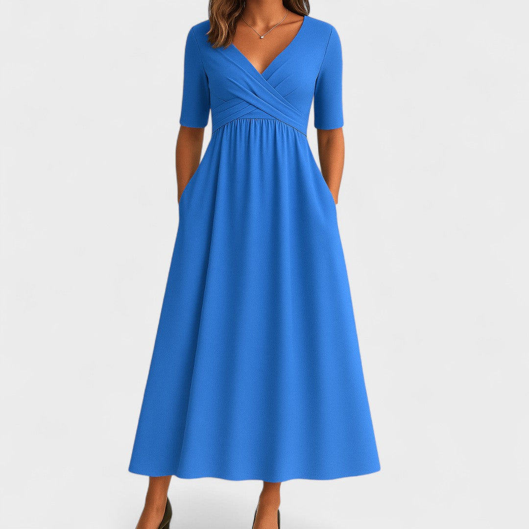 Wrap V-Neck Gathered Waist Midi Dress | Pockets product view 4 - Delvore