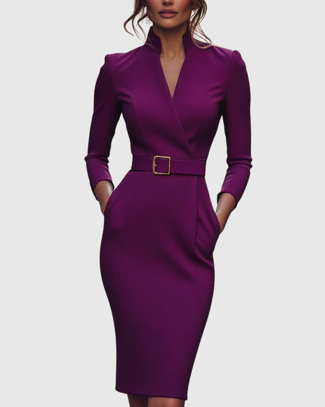 Women's Belted Pencil Midi Dress, Mock Wrap V Neck 3/4 Sleeve Fitted Work Dress, Smart Office Occasion Dress for Women UK - Cararush