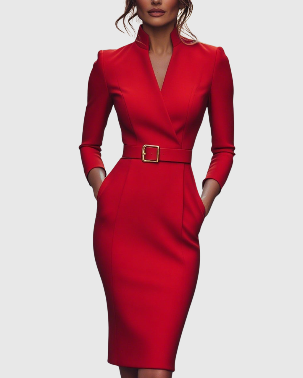 Women's Belted Pencil Midi Dress, Mock Wrap V Neck 3/4 Sleeve Fitted Work Dress, Smart Office Occasion Dress for Women UK - Cararush