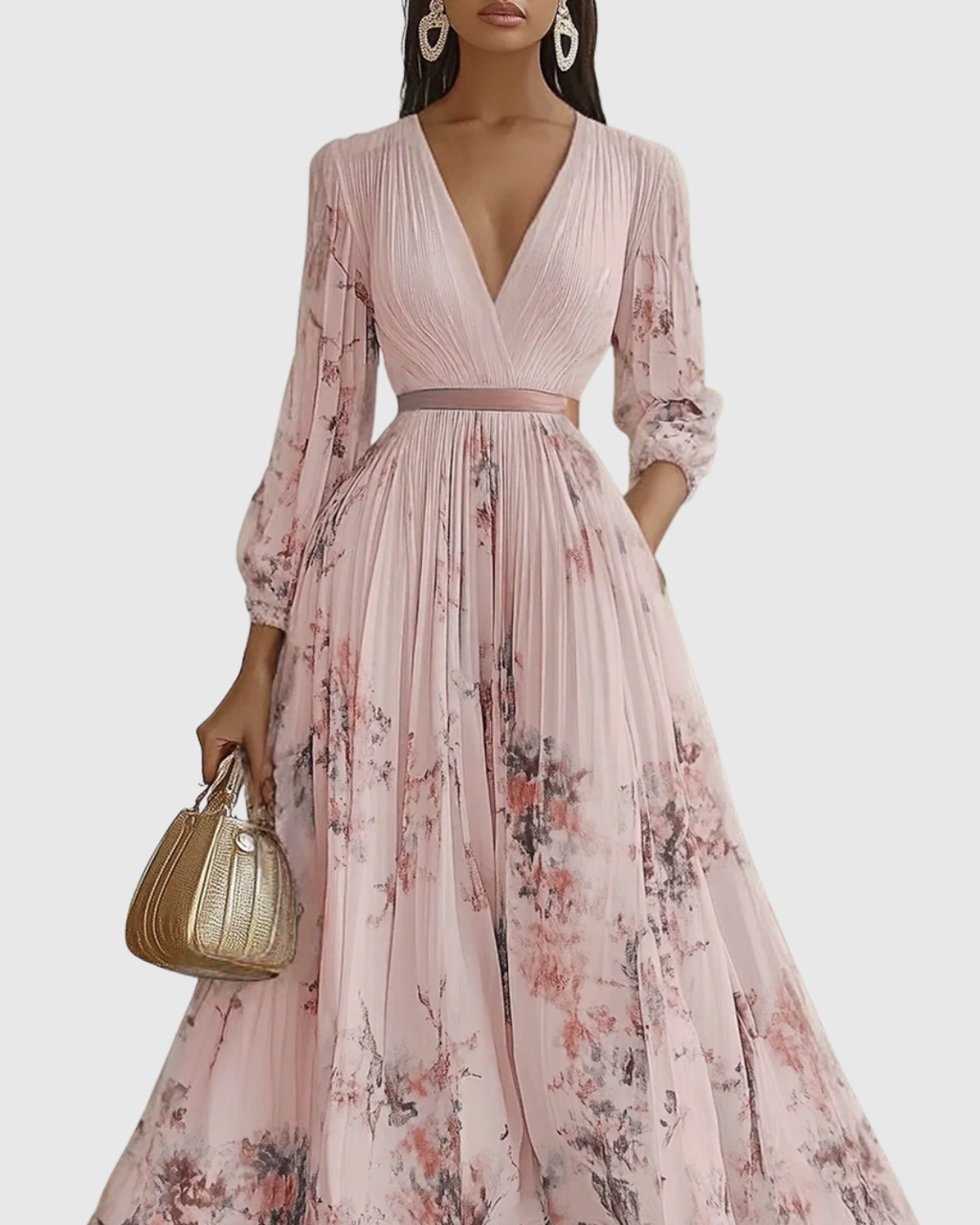Women's Floral Pleated V-Neck Maxi Dress product view 12 - Delvore