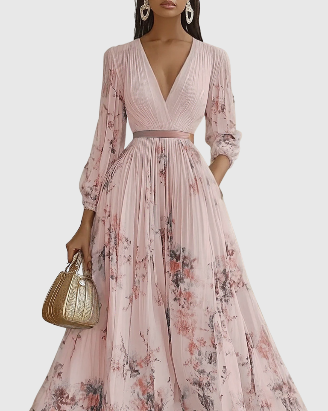 Women's Floral Pleated V-Neck Maxi Dress product view 12 - Delvore
