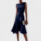 Women's Satin Asymmetric Drape Midi Dress, Sleeveless Occasion Dress, Wedding Guest Evening Party Dress for Women product view 3 - Delvore