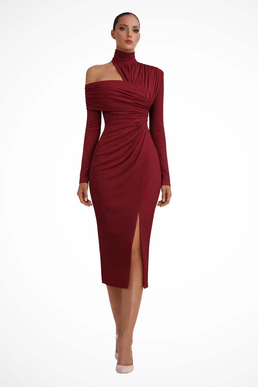 Asymmetric High Neck Long Sleeve Midi Dress product view 14 - Delvore