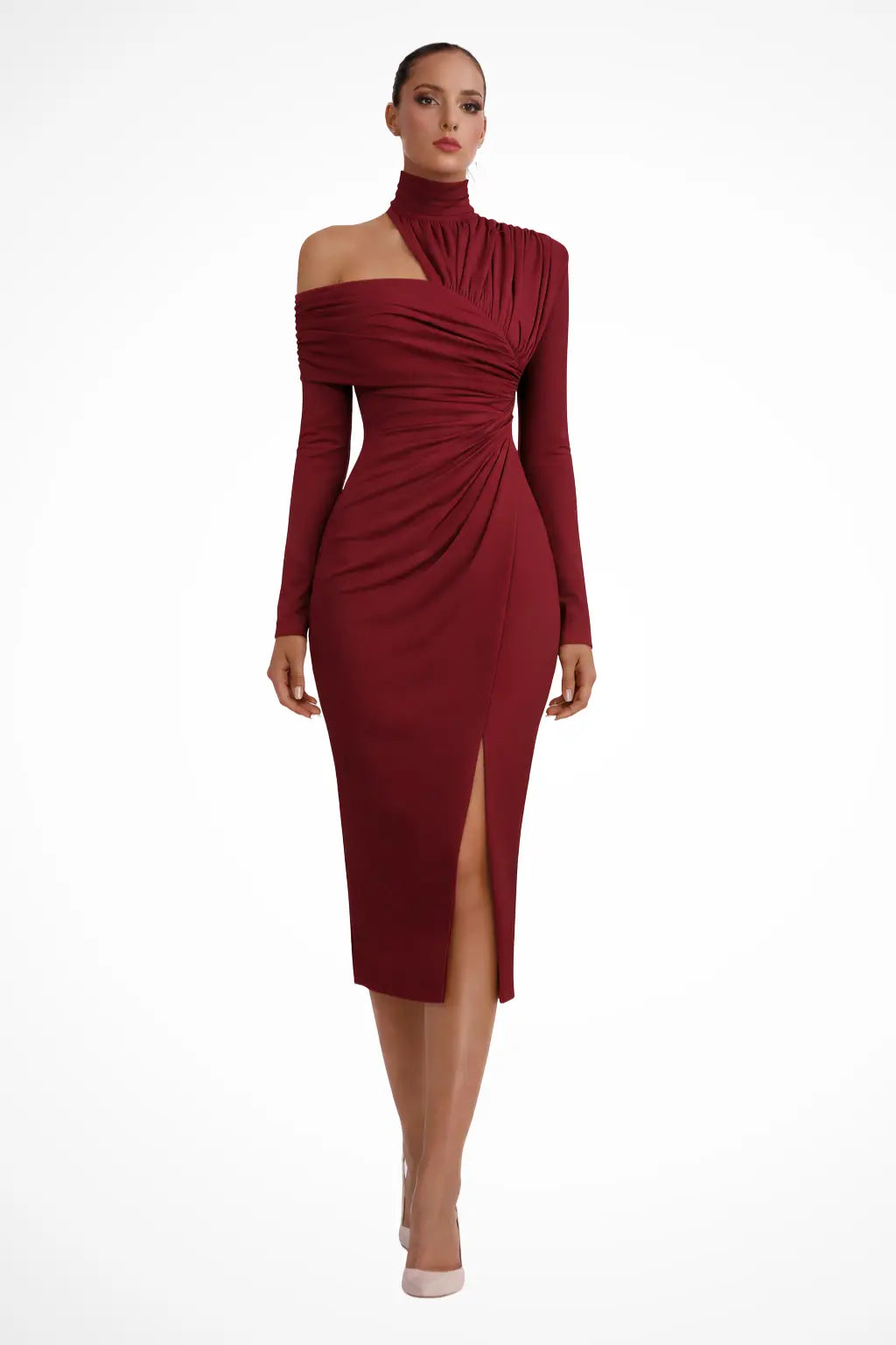 Asymmetric High Neck Long Sleeve Midi Dress - Cararush