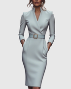 Women's Belted Pencil Midi Dress, Mock Wrap V Neck 3/4 Sleeve Fitted Work Dress, Smart Office Occasion Dress for Women UK - Cararush