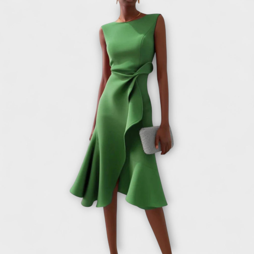 Women's Satin Asymmetric Drape Midi Dress, Sleeveless Occasion Dress, Wedding Guest Evening Party Dress for Women product view 7 - Delvore