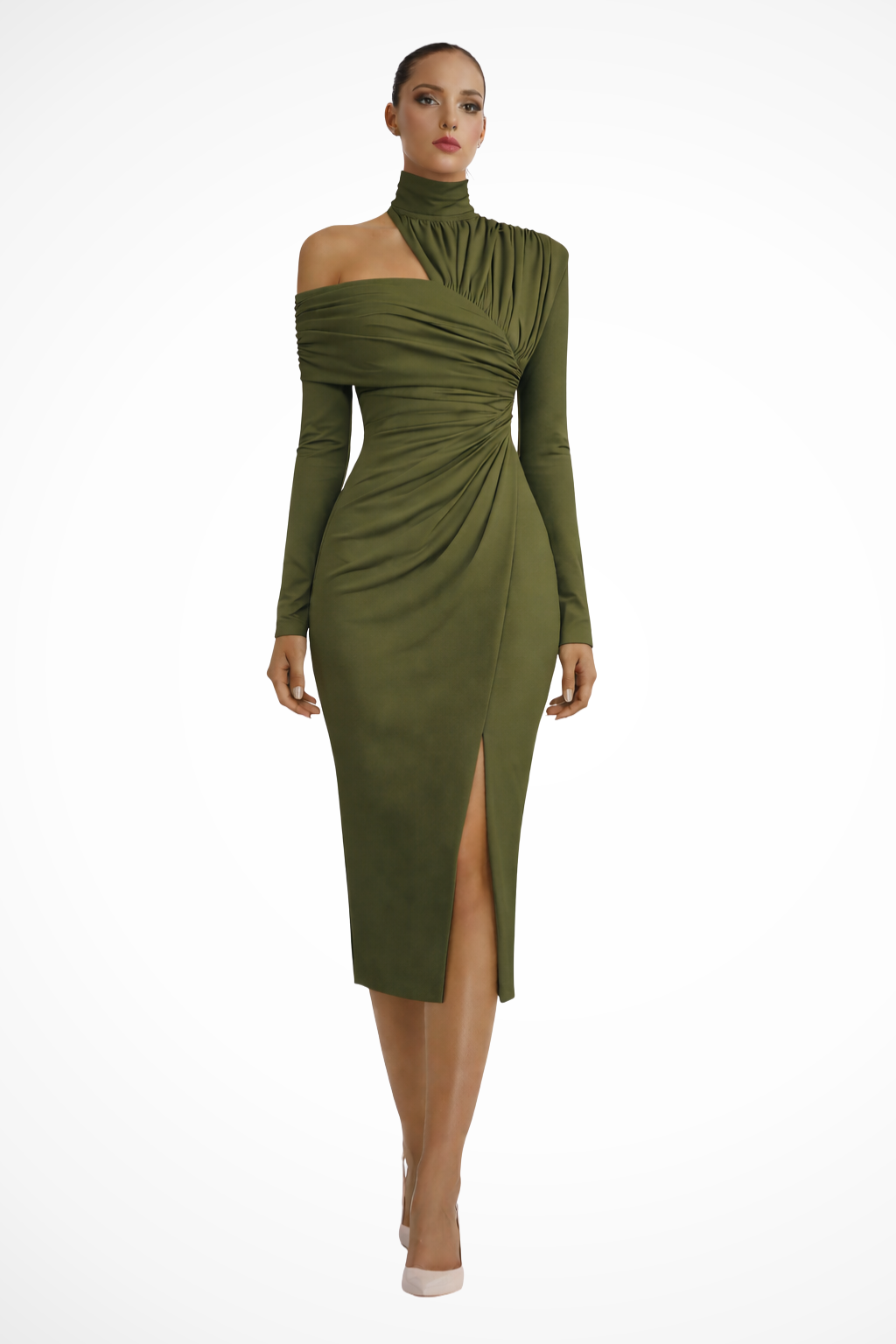 Asymmetric High Neck Long Sleeve Midi Dress product view 17 - Delvore