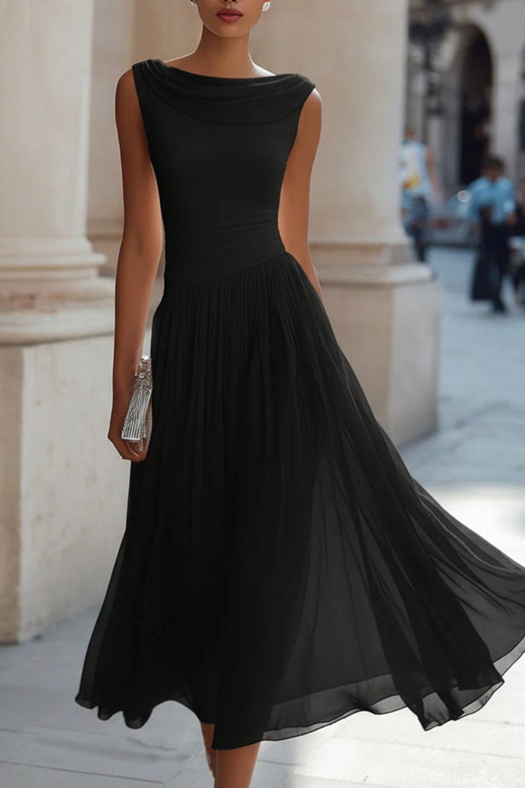 Draped Neck Pleated Midi Dress product view 7 - Delvore