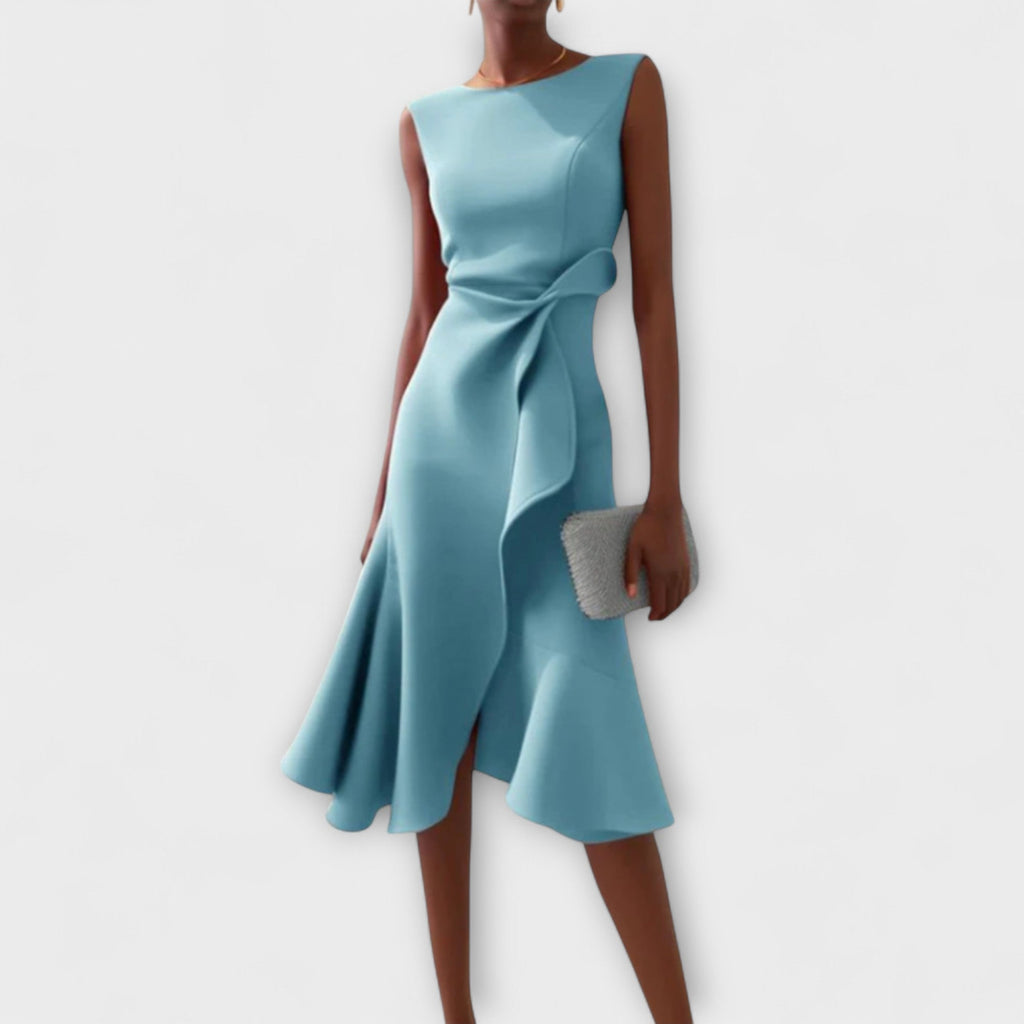 Women's Satin Asymmetric Drape Midi Dress, Sleeveless Occasion Dress, Wedding Guest Evening Party Dress for Women product view 5 - Delvore
