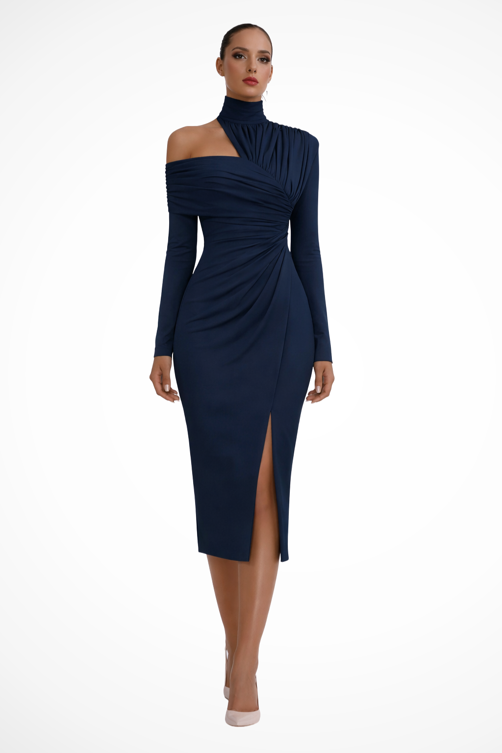 Asymmetric High Neck Long Sleeve Midi Dress product view 11 - Delvore