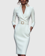Women's Belted Pencil Midi Dress, Mock Wrap V Neck 3/4 Sleeve Fitted Work Dress, Smart Office Occasion Dress for Women UK - Cararush
