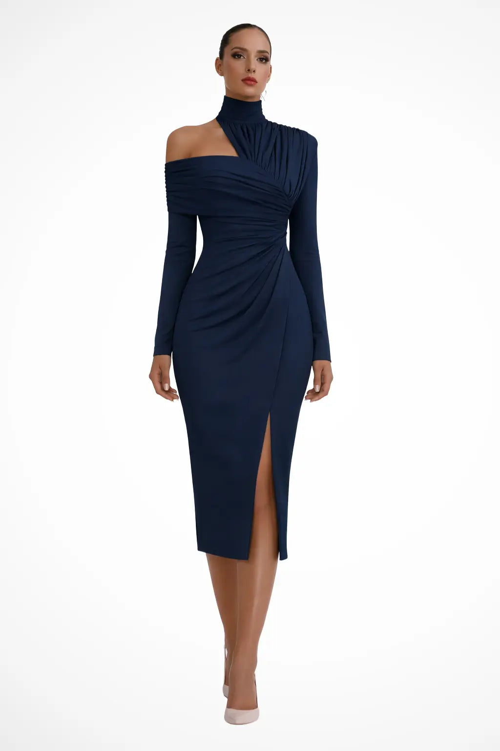 Asymmetric High Neck Long Sleeve Midi Dress - Cararush