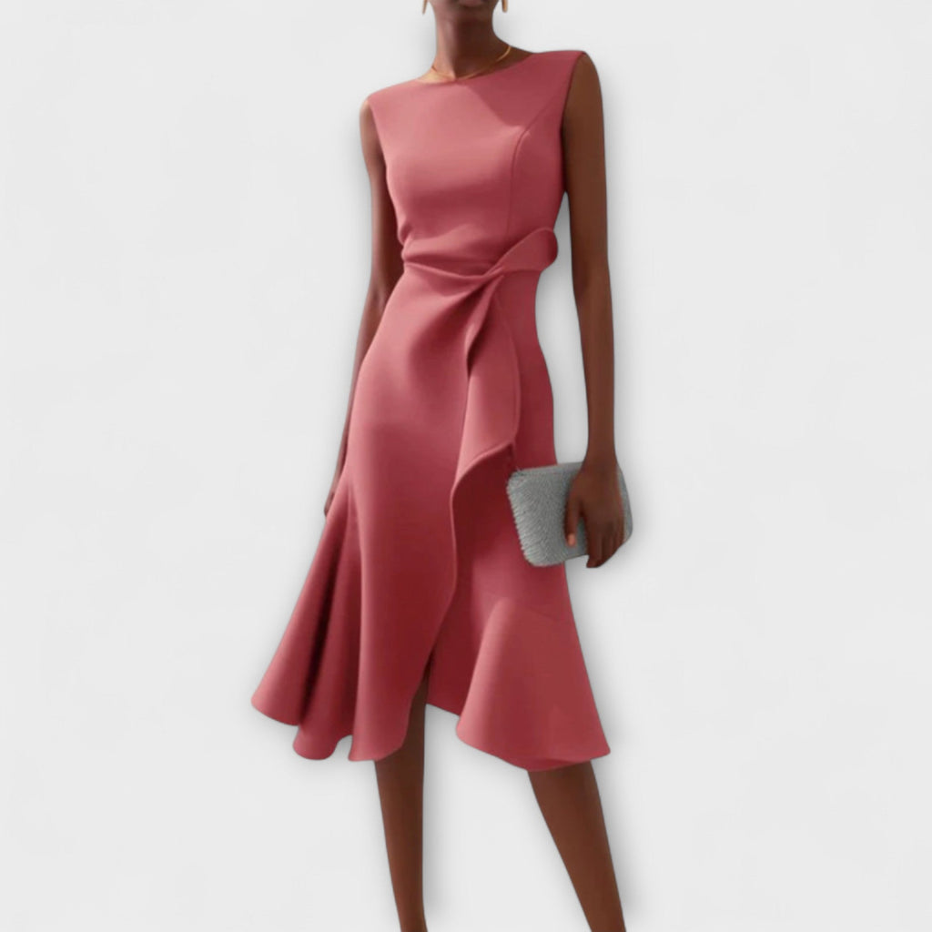 Women's Satin Asymmetric Drape Midi Dress, Sleeveless Occasion Dress, Wedding Guest Evening Party Dress for Women product view 4 - Delvore