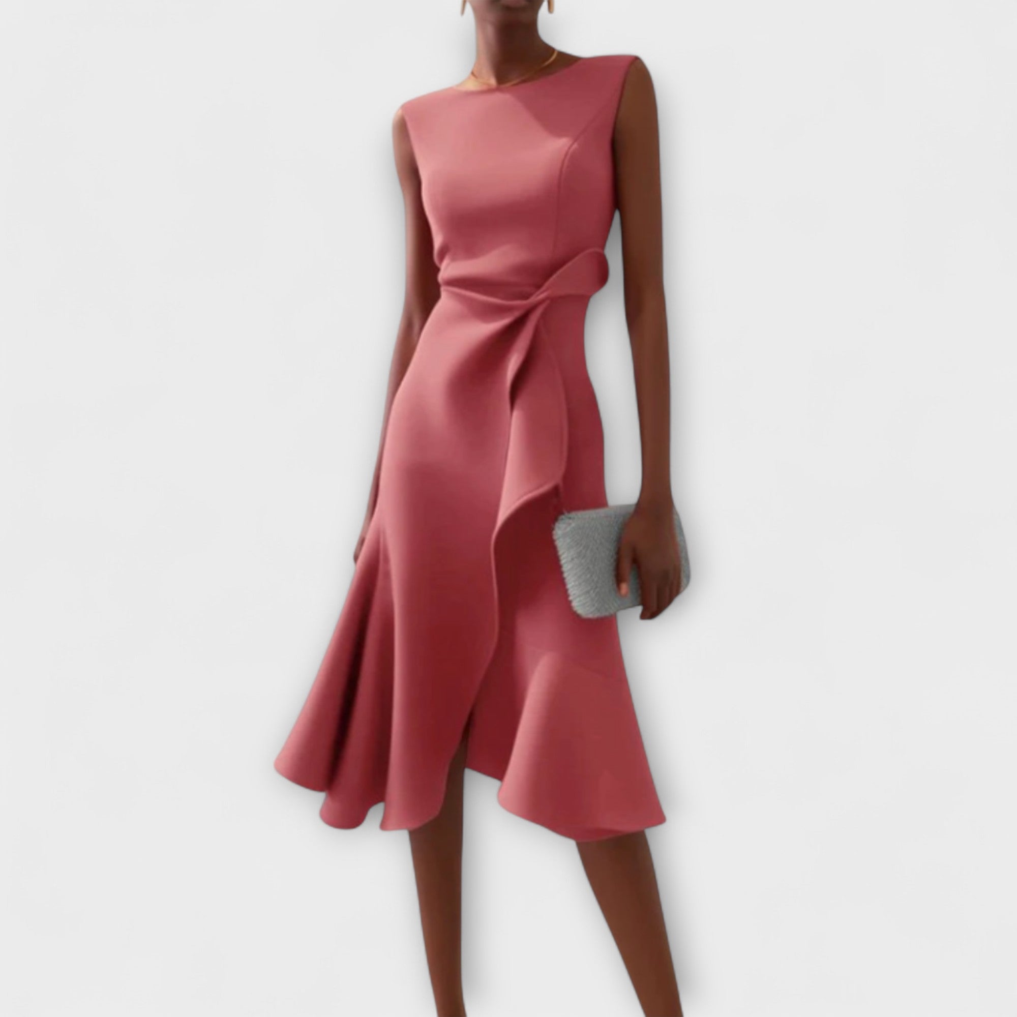 Women's Satin Asymmetric Drape Midi Dress, Sleeveless Occasion Dress, Wedding Guest Evening Party Dress for Women product view 4 - Delvore