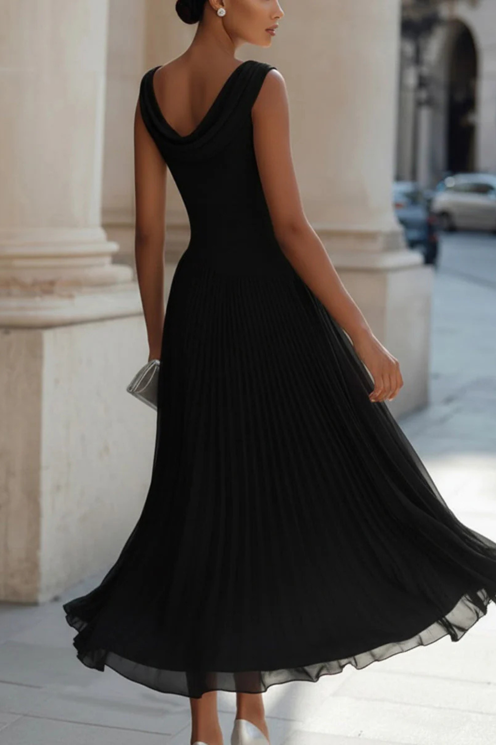 Draped Neck Pleated Midi Dress product view 8 - Delvore