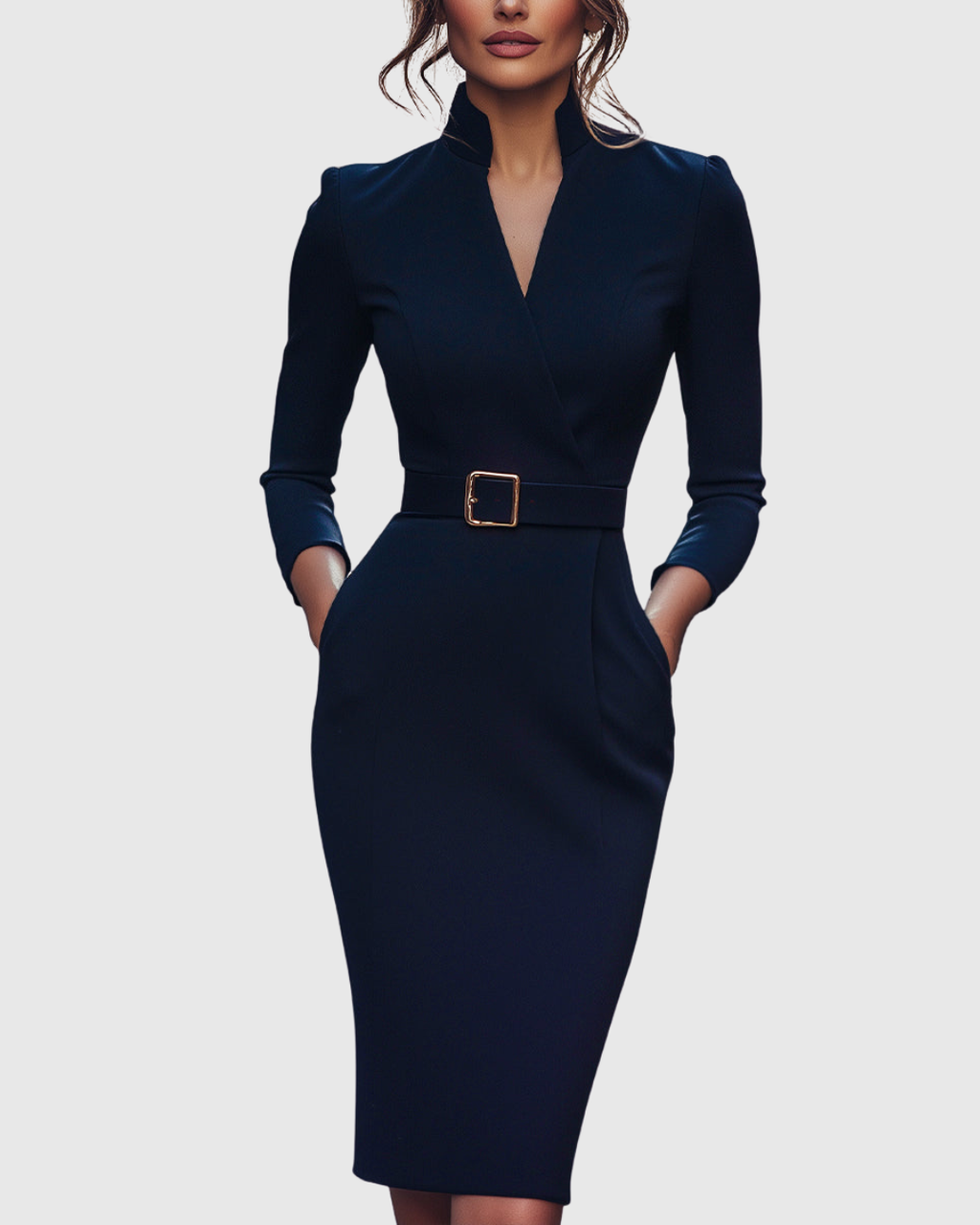 Women's Belted Pencil Midi Dress, Mock Wrap V Neck 3/4 Sleeve Fitted Work Dress, Smart Office Occasion Dress for Women UK - Cararush