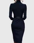 Women's Belted Pencil Midi Dress, Mock Wrap V Neck 3/4 Sleeve Fitted Work Dress, Smart Office Occasion Dress for Women UK - Cararush