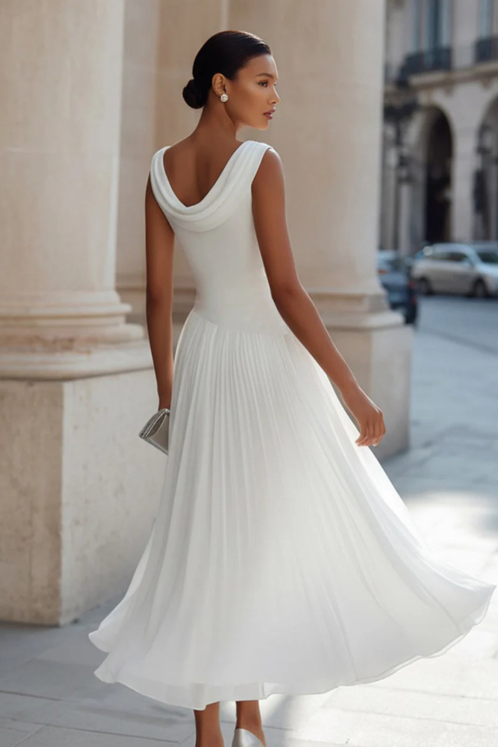 Draped Neck Pleated Midi Dress product view 4 - Delvore