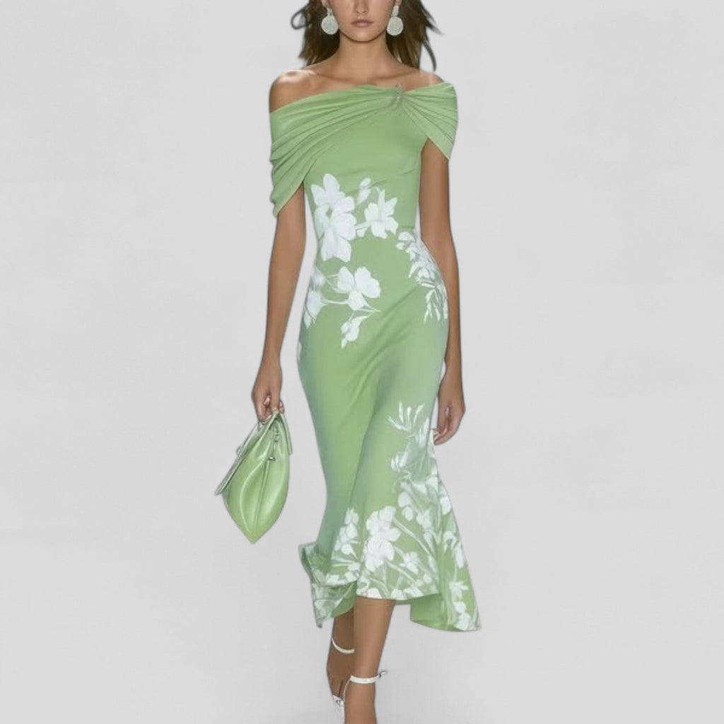 Women's Floral Off Shoulder Ruched Midi Dress product view 3 - Delvore